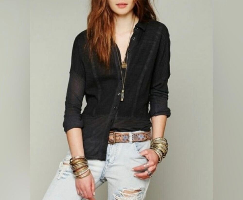 We The Free Sz L Zahara Mixed Media Distressed Button Down Shirt Grunge Indie